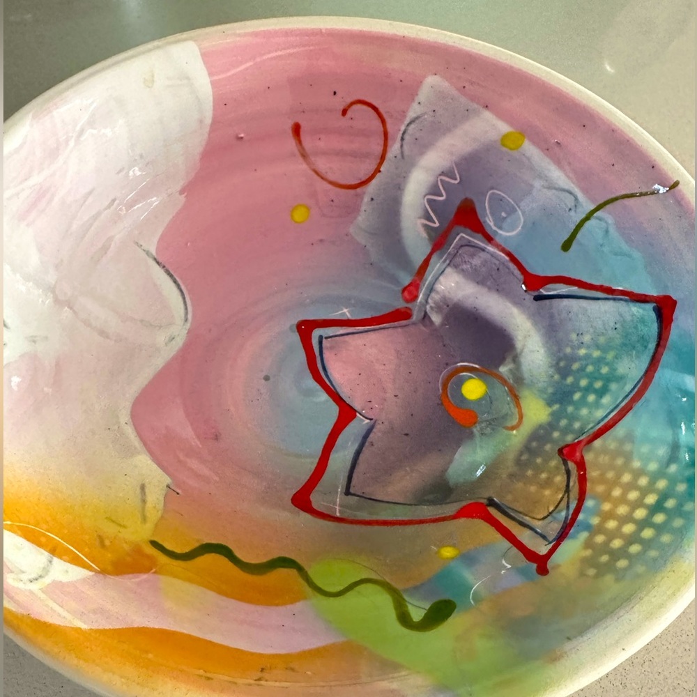 80s ceramic bowl pastel decor home graphic floral hand painted Funky Y2K EC